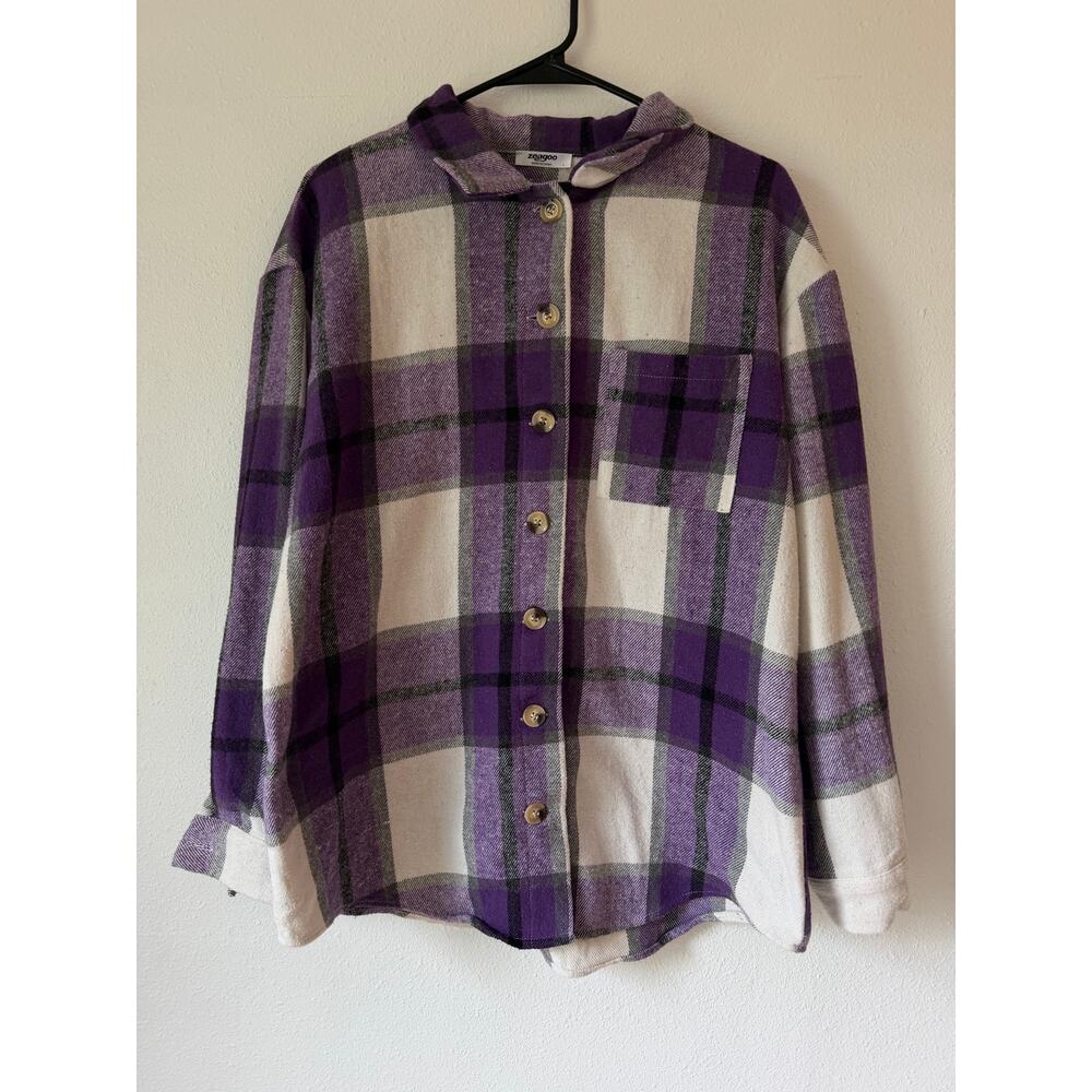 Zeagoo Purple White Checkered Plaid Flannel Long Sleeve Button Up Size Large